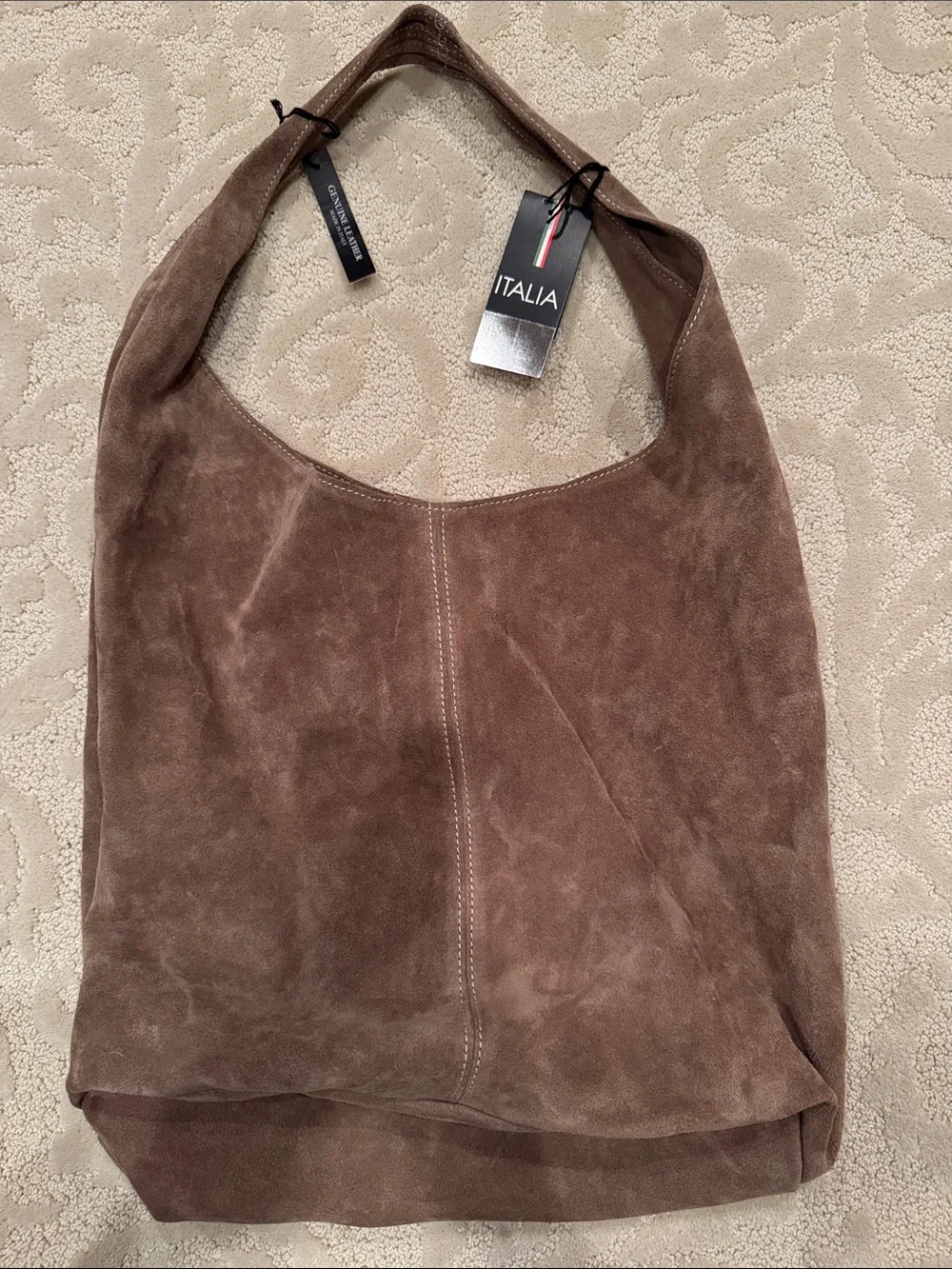 Italia Claudia Firenze Genuine Leather Suede Hobo Tote - Brown / Taupe - New